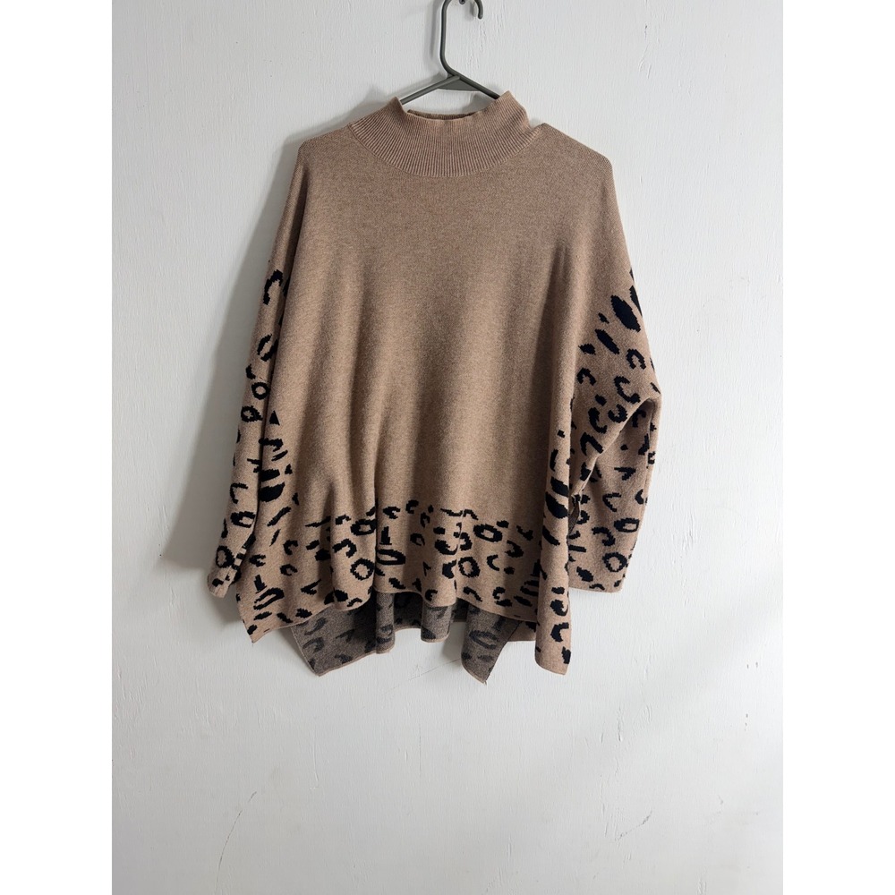 Entro Leopard Print Mock Neck Oversized Sweater Tan Black S/M T17005